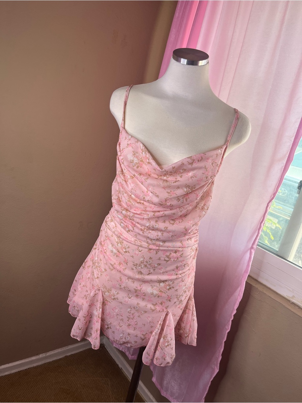 SHEIN Pink Floral Cowl Neck Mini Slip Dress